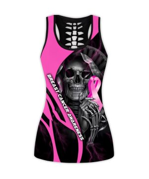 Fan Gifts Skull Holding Pink Ribbon Breast Cancer Awareness All Over Printed Combo Legging Tanktop
