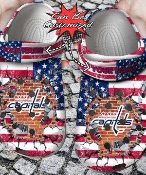 Hockey Personalized WCapitals American Flag Breaking Wall Clog Unisex Clogs Shoes