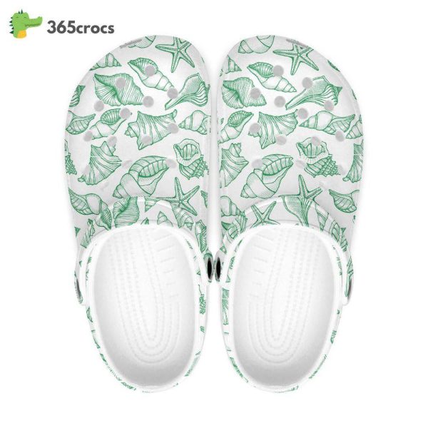Sea Shells, Pastel Green, Retro Geo 1970 Groovy Hippie Cool Natural World Nature Sea Life Fishes Shells Unisex Clogs Clog Shoes